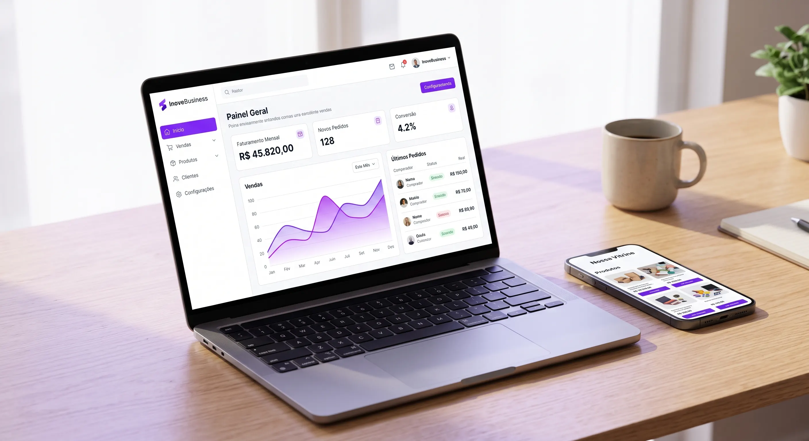 Painel e loja da sua empresa em um notebook e celular
